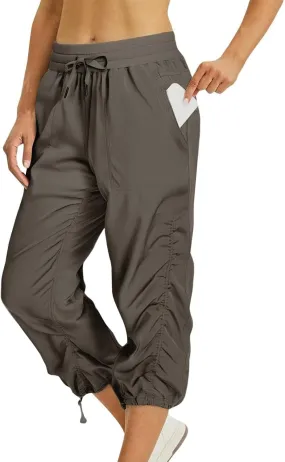 Women Capri Pants Casual Drawstring Elastic High Waisted Pant Quick Dry Tapered Pant Athletic Workout Hiking Trousers