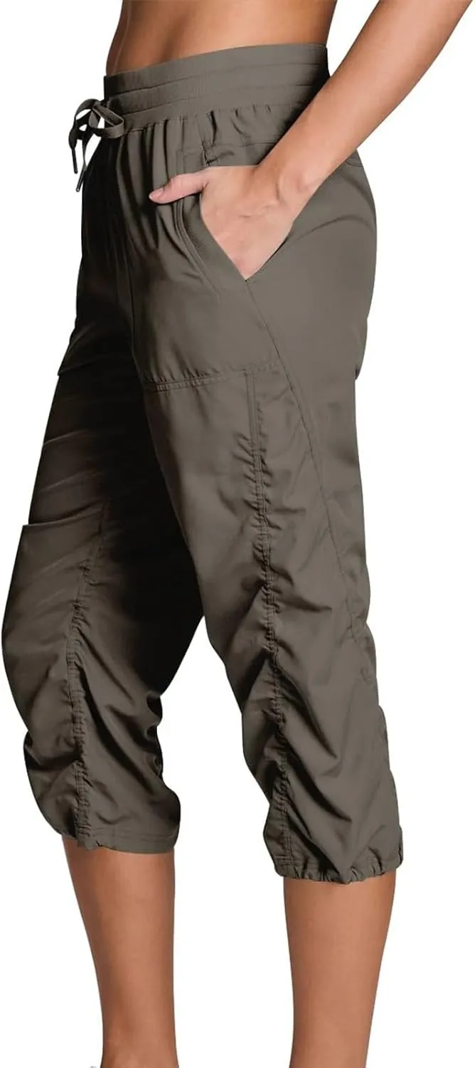 Women Capri Pants Casual Drawstring Elastic High Waisted Pant Quick Dry Tapered Pant Athletic Workout Hiking Trousers