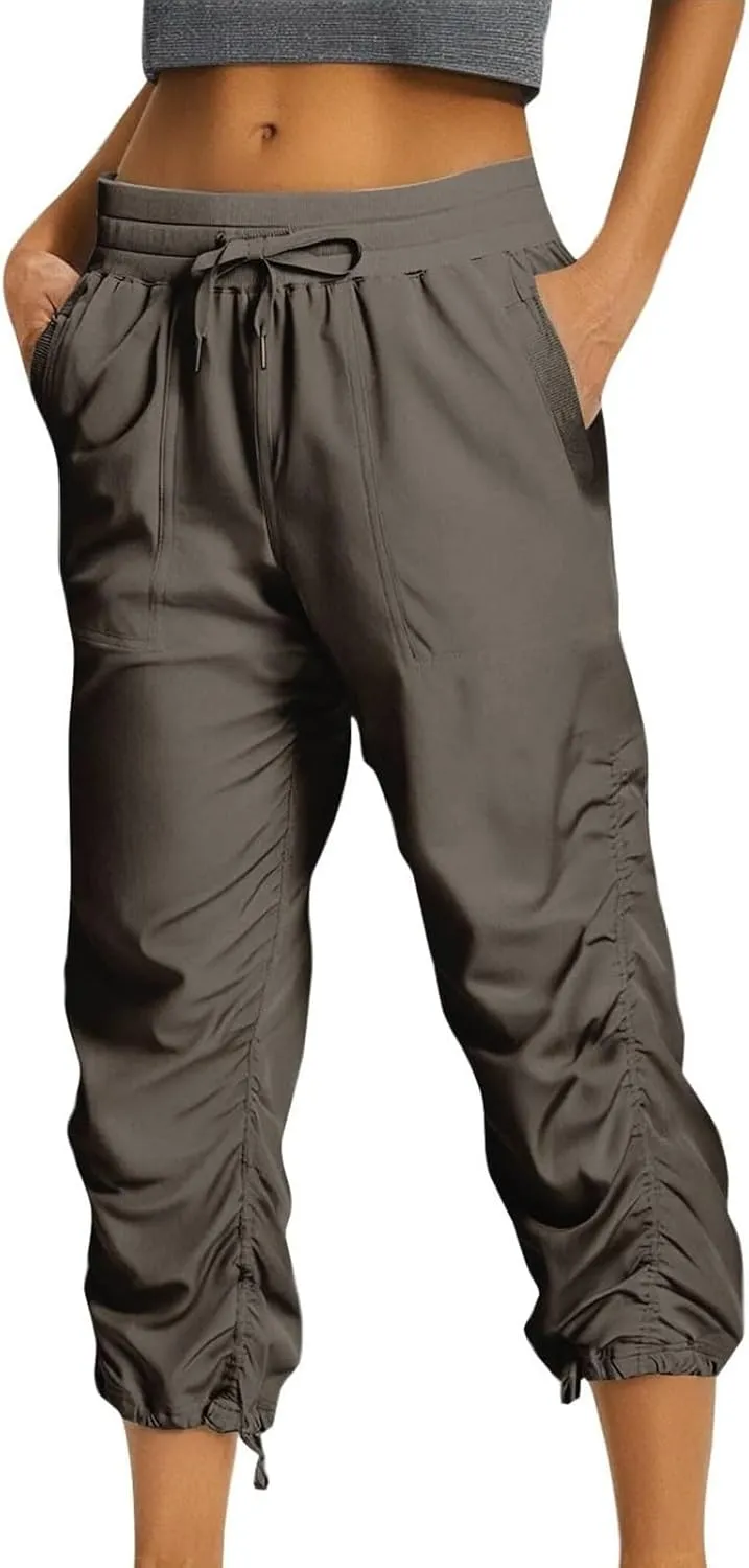 Women Capri Pants Casual Drawstring Elastic High Waisted Pant Quick Dry Tapered Pant Athletic Workout Hiking Trousers