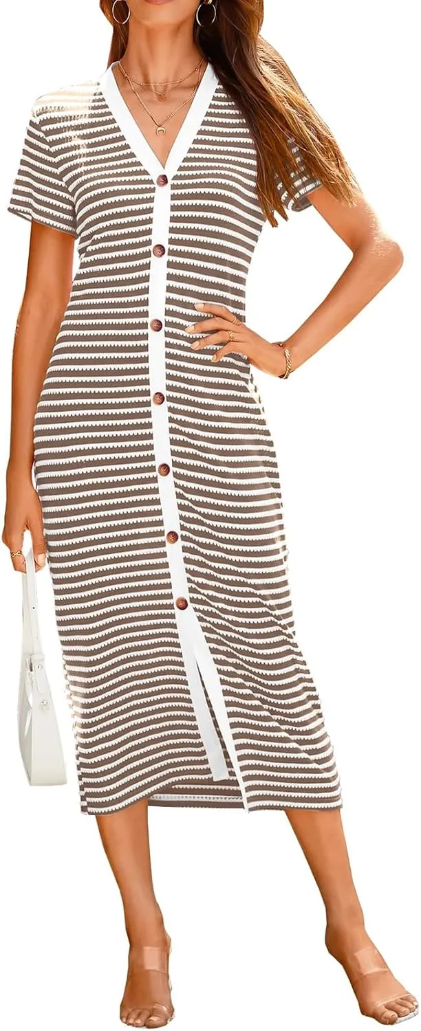 Women Casual Summer Dresses Trendy Striped Short Sleeve Midi Dress Button Decorative Ribbed Knit Dress Party Dresses
