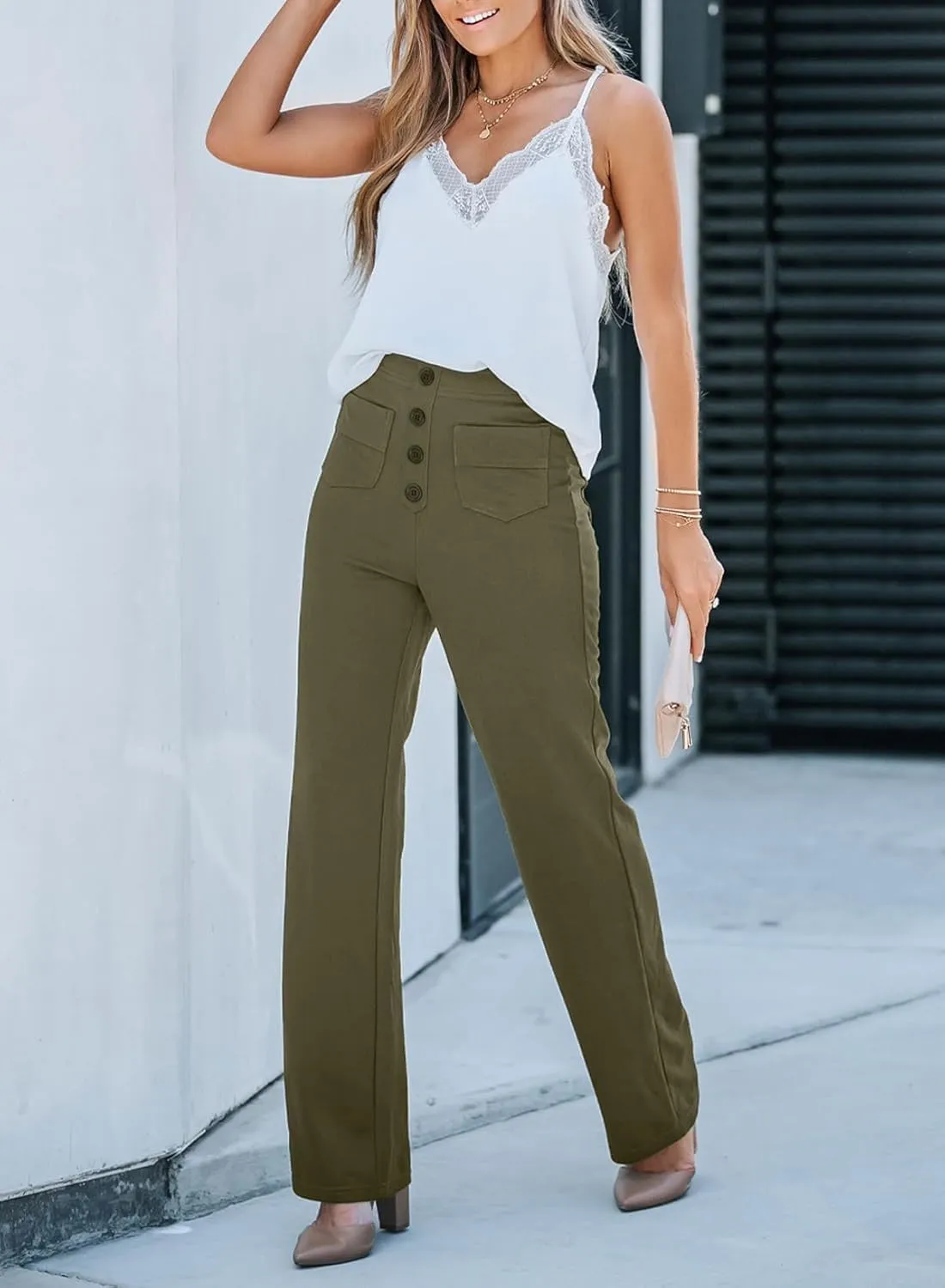 Women Pants 2025 Fashion High Waist Button Down Stretchy Work Pant Trousers Casual Straight Leg Pants with Pockets