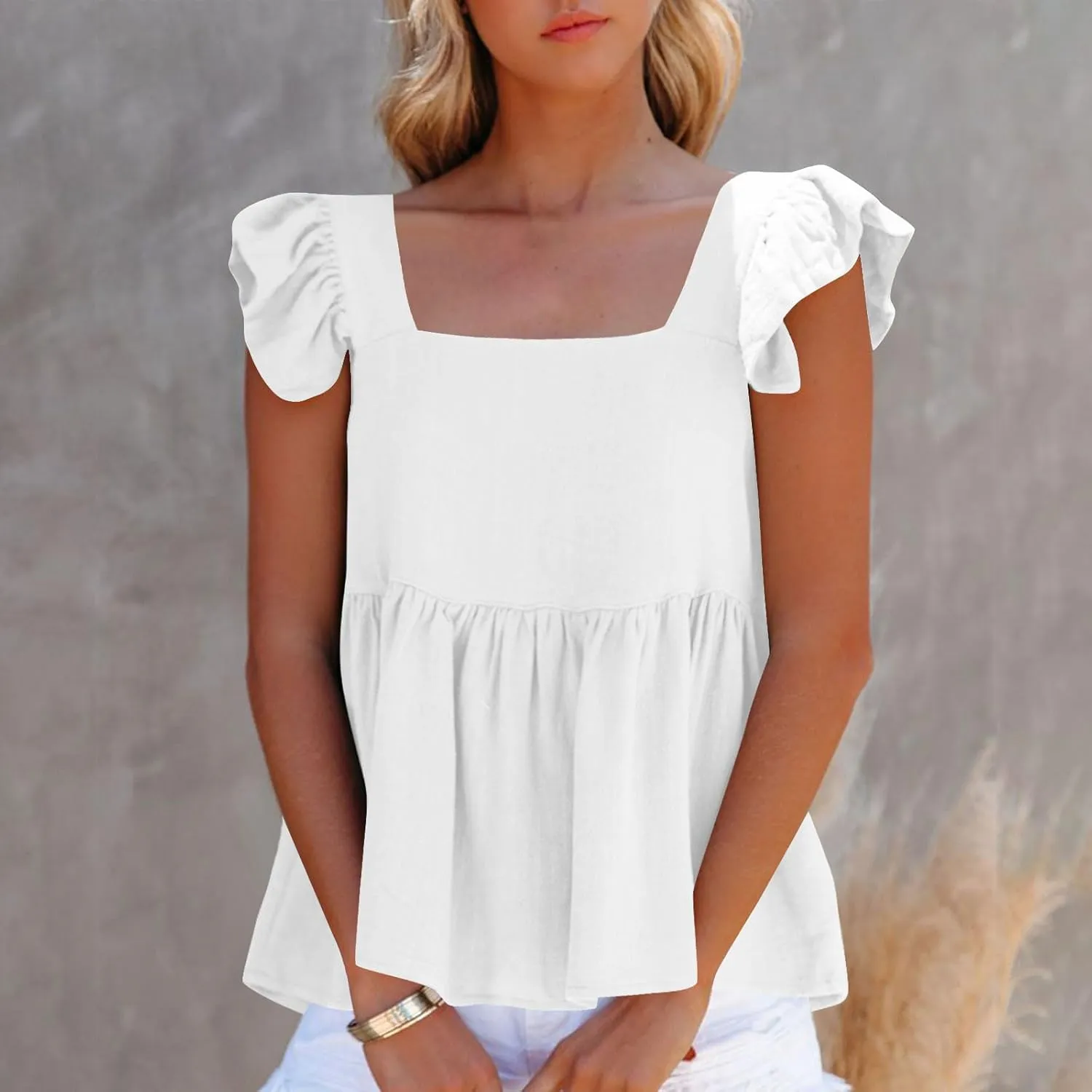 Women Solid Pleated Square Neck Casual Tank Tops, Fashion Loose Cap Sleeve Summer Babydoll Shirts Daily Casual Clothes