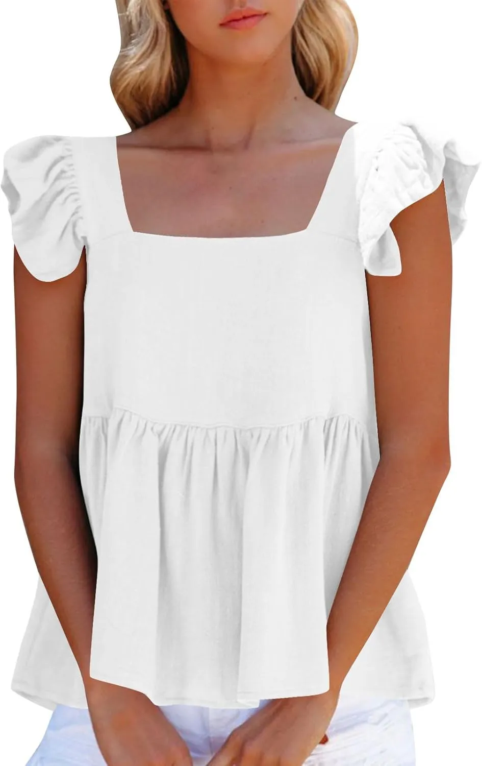 Women Solid Pleated Square Neck Casual Tank Tops, Fashion Loose Cap Sleeve Summer Babydoll Shirts Daily Casual Clothes