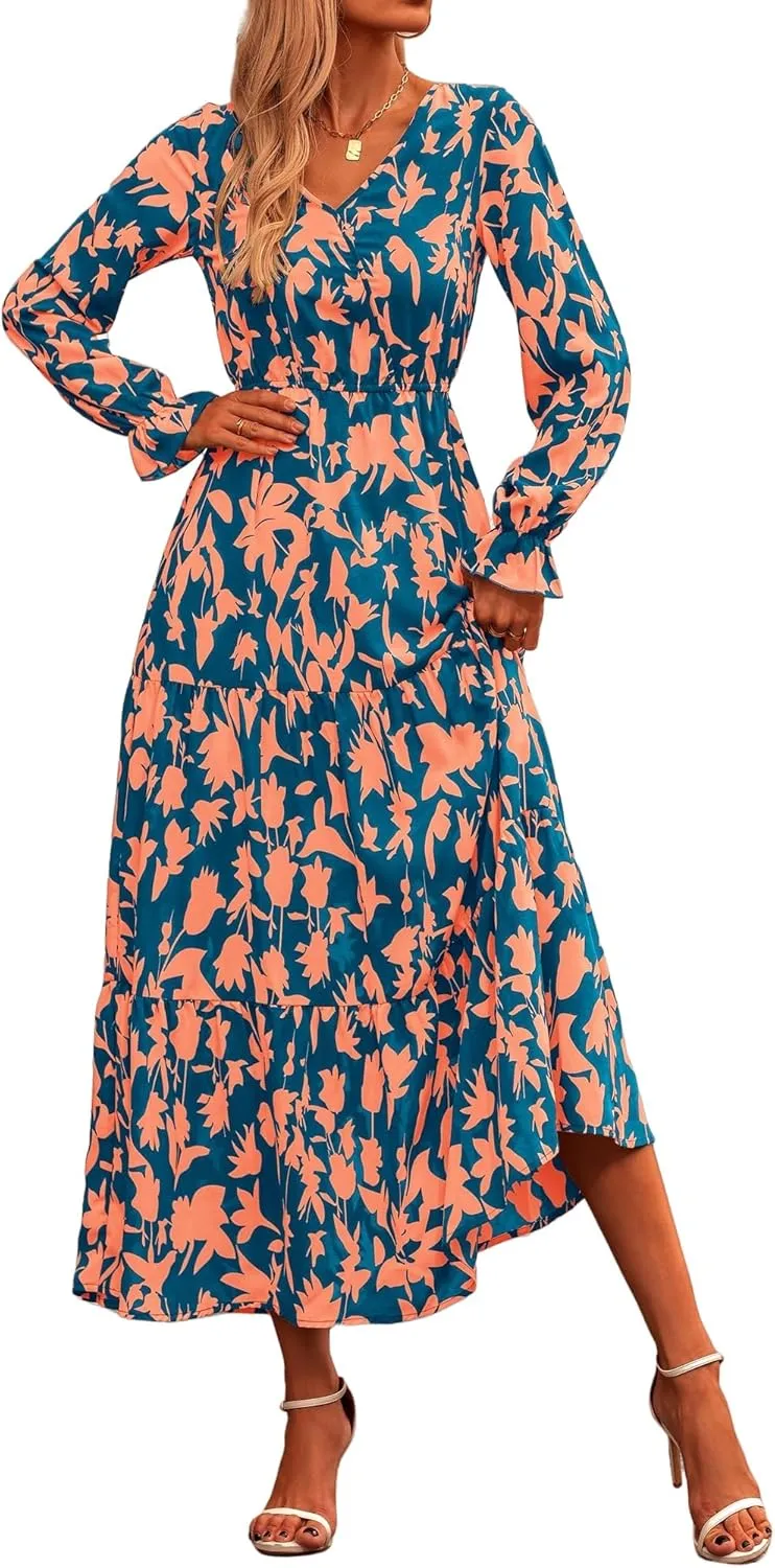 Women Summer Dresses 2025 Floral Print V Neck Long Sleeve Maxi Dress Casual Loose A-Line Flowy Beach Dress