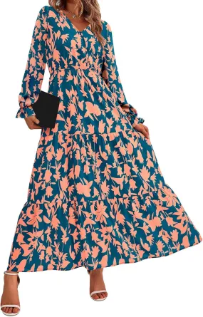 Women Summer Dresses 2025 Floral Print V Neck Long Sleeve Maxi Dress Casual Loose A-Line Flowy Beach Dress