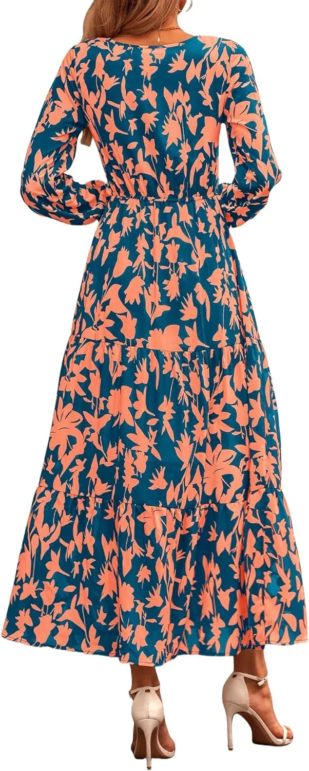 Women Summer Dresses 2025 Floral Print V Neck Long Sleeve Maxi Dress Casual Loose A-Line Flowy Beach Dress