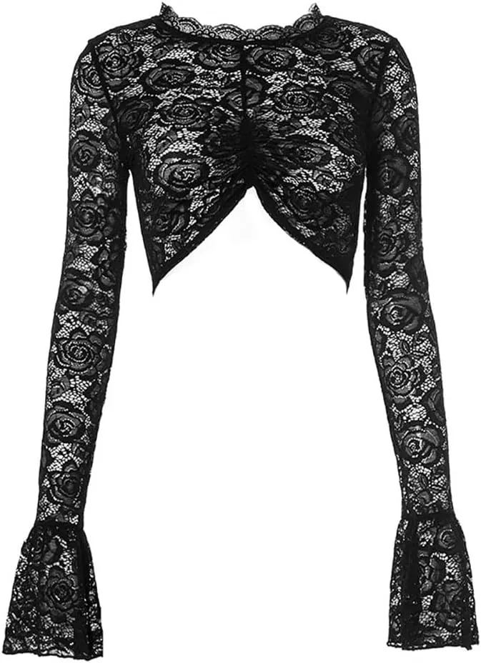 Women's Black Floral Lace Mesh See Through Crop Top Sexy Sheer Long Sleeve Top Blouses Cut Shirt