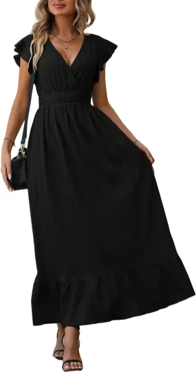 Women's Casual Dress V Neck Wrap Dress Short Ruffle Sleeve Flowy Maxi Dress High Waist