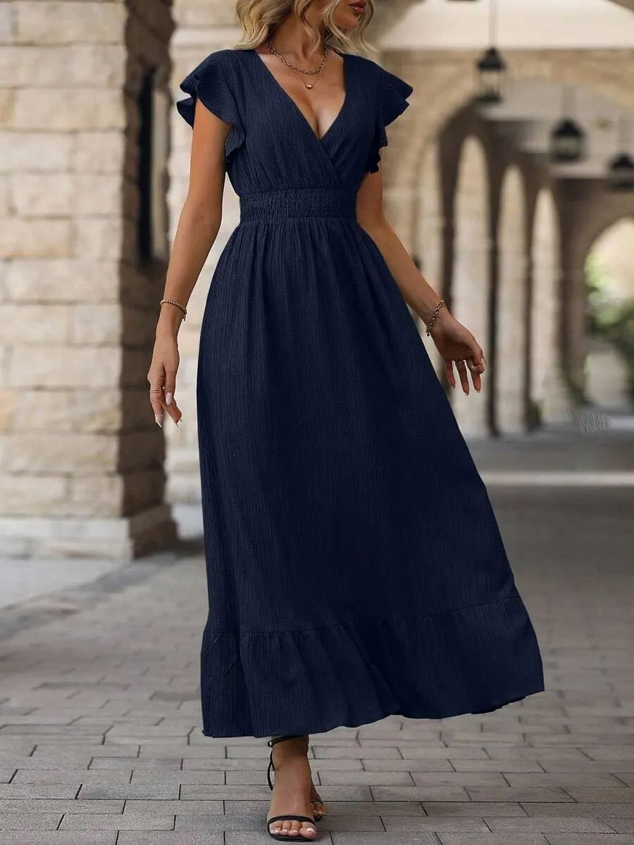 Women's Casual Dress V Neck Wrap Dress Short Ruffle Sleeve Flowy Maxi Dress High Waist