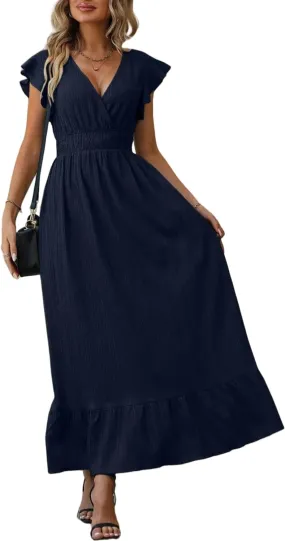Women's Casual Dress V Neck Wrap Dress Short Ruffle Sleeve Flowy Maxi Dress High Waist