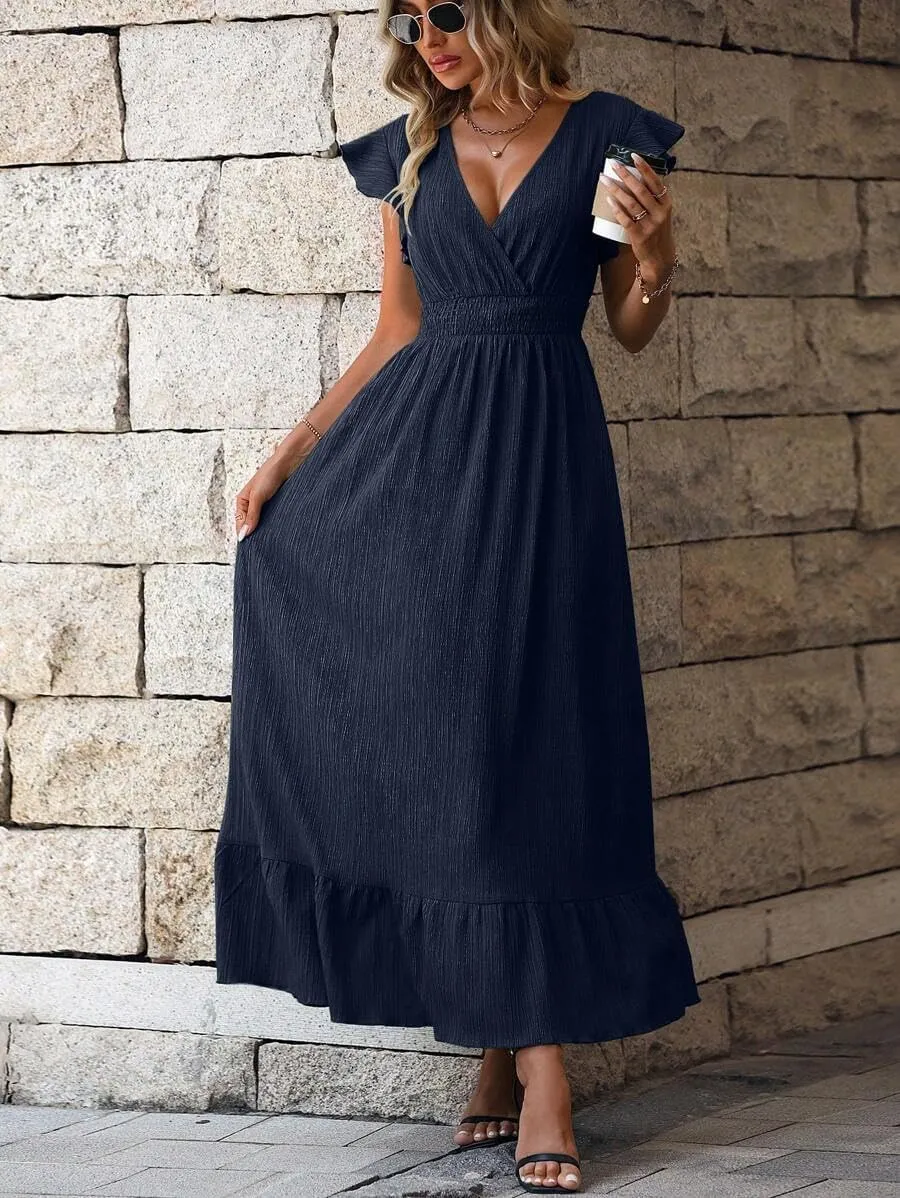 Women's Casual Dress V Neck Wrap Dress Short Ruffle Sleeve Flowy Maxi Dress High Waist