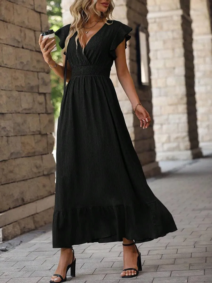 Women's Casual Dress V Neck Wrap Dress Short Ruffle Sleeve Flowy Maxi Dress High Waist