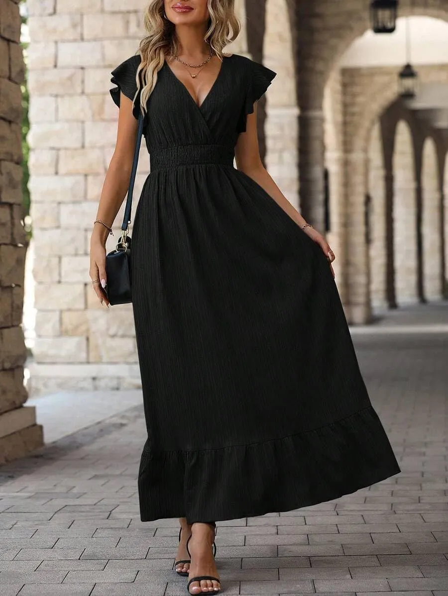Women's Casual Dress V Neck Wrap Dress Short Ruffle Sleeve Flowy Maxi Dress High Waist
