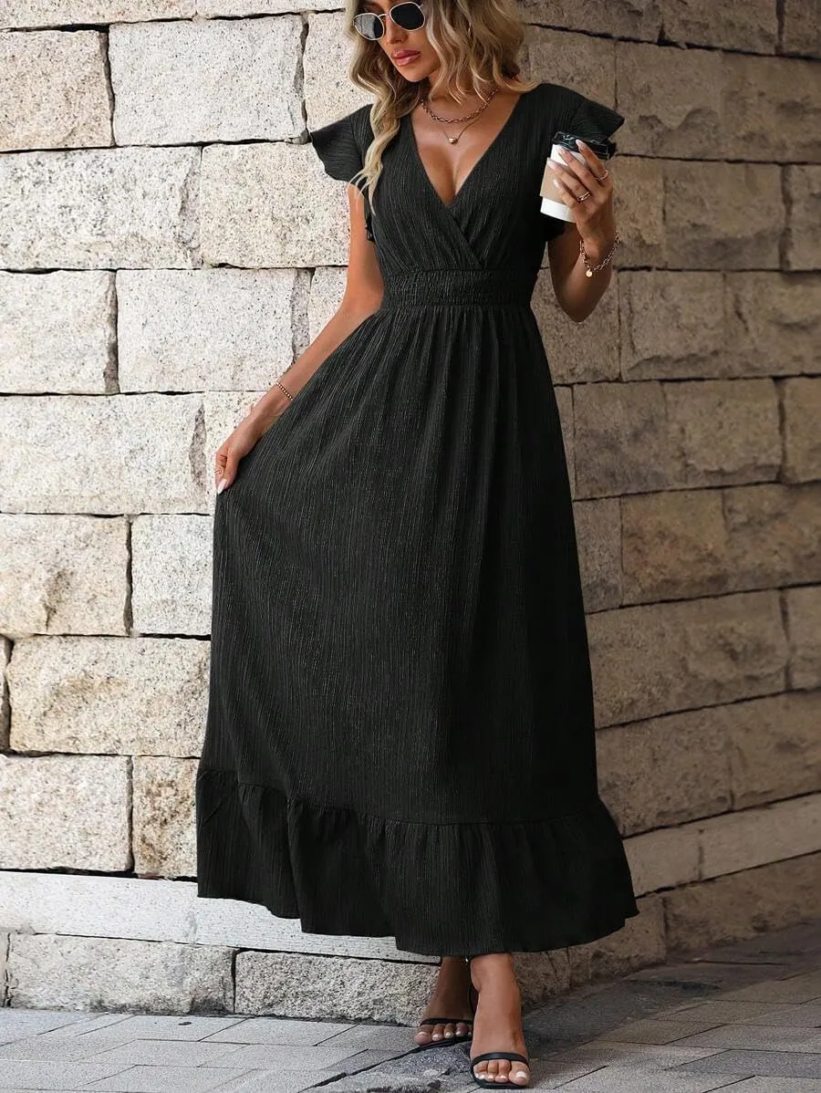 Women's Casual Dress V Neck Wrap Dress Short Ruffle Sleeve Flowy Maxi Dress High Waist