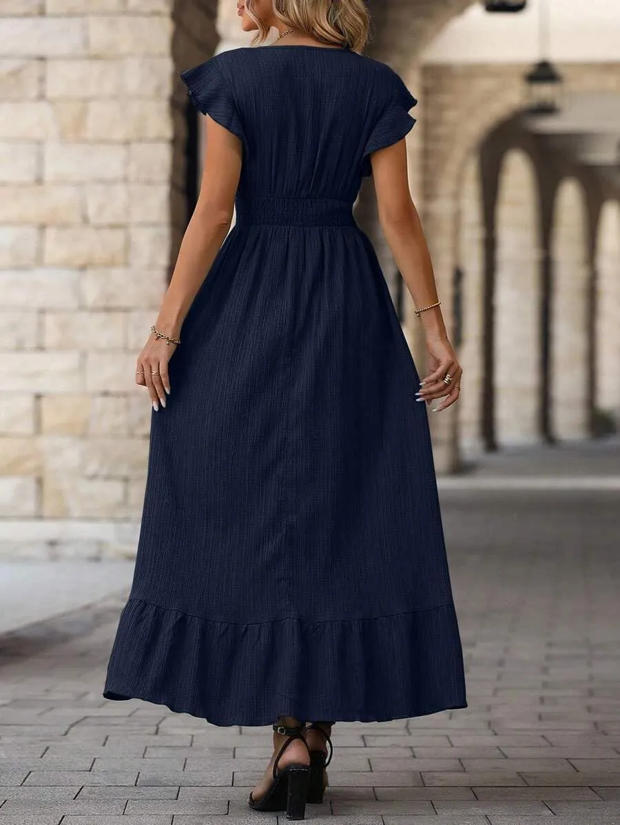 Women's Casual Dress V Neck Wrap Dress Short Ruffle Sleeve Flowy Maxi Dress High Waist