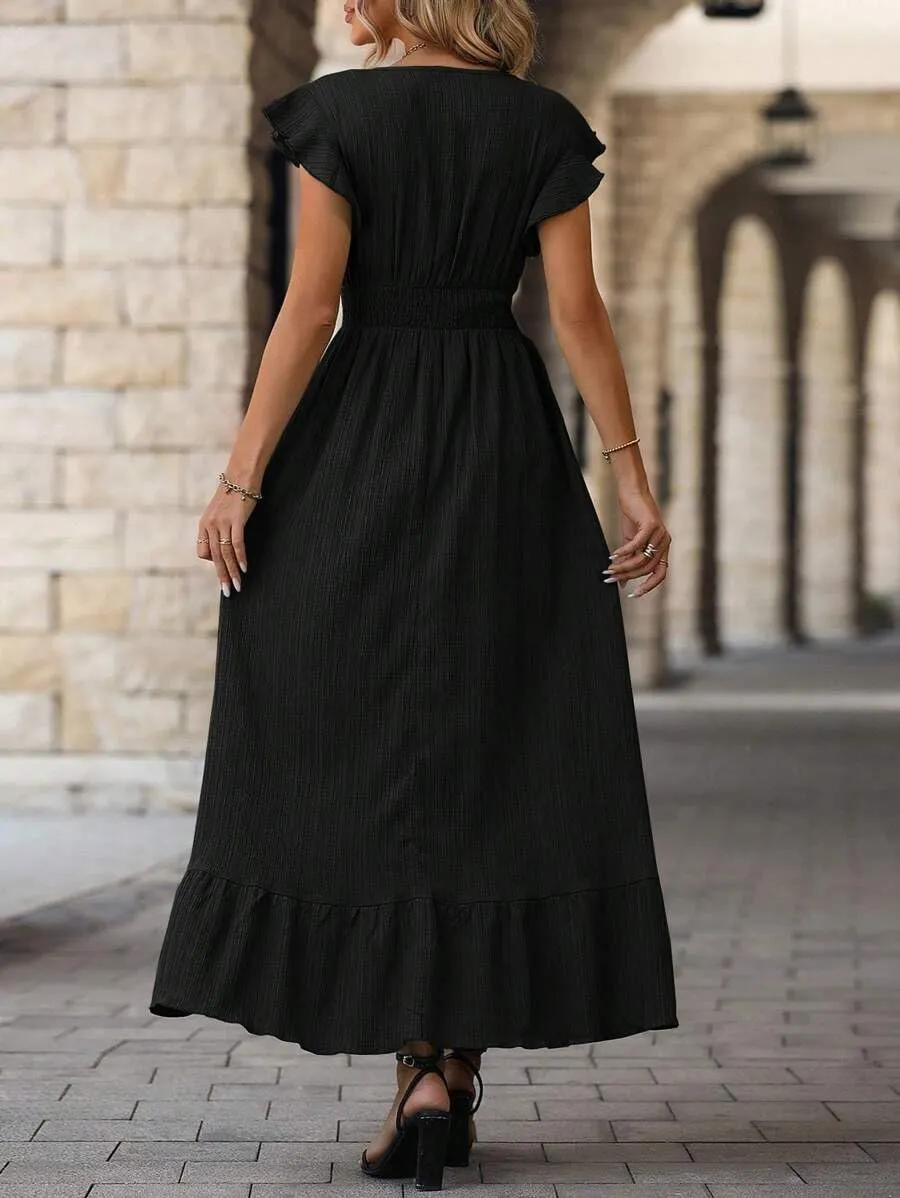 Women's Casual Dress V Neck Wrap Dress Short Ruffle Sleeve Flowy Maxi Dress High Waist