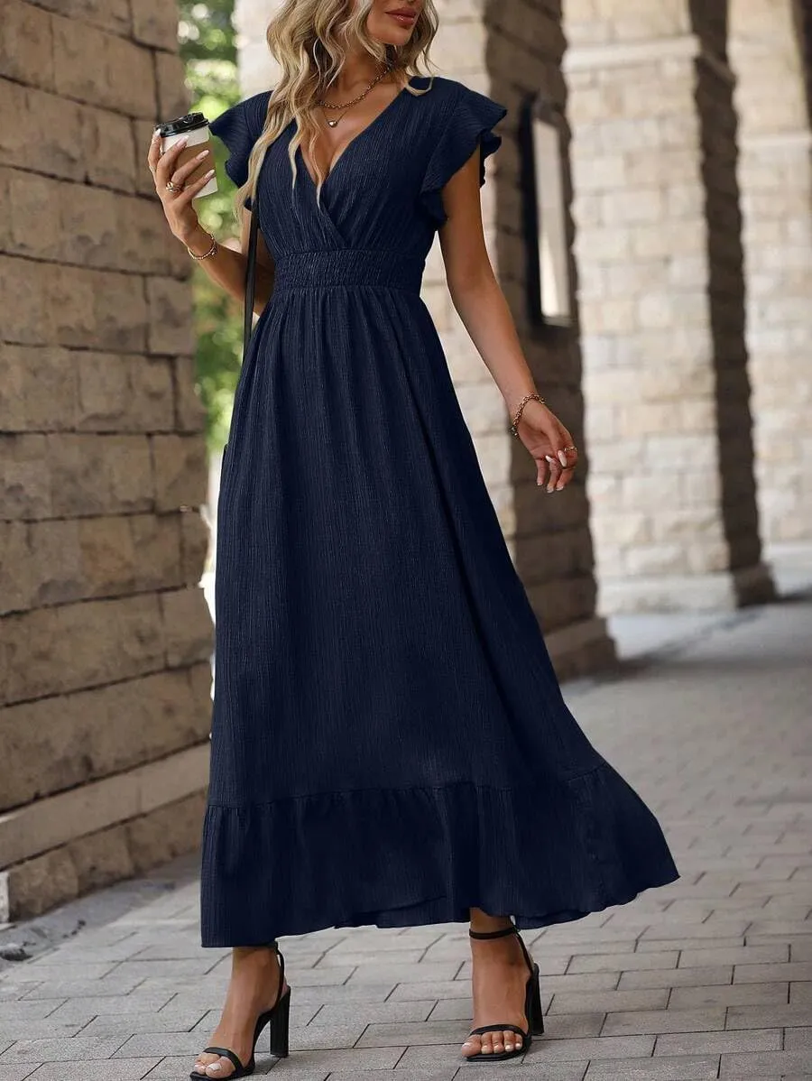 Women's Casual Dress V Neck Wrap Dress Short Ruffle Sleeve Flowy Maxi Dress High Waist