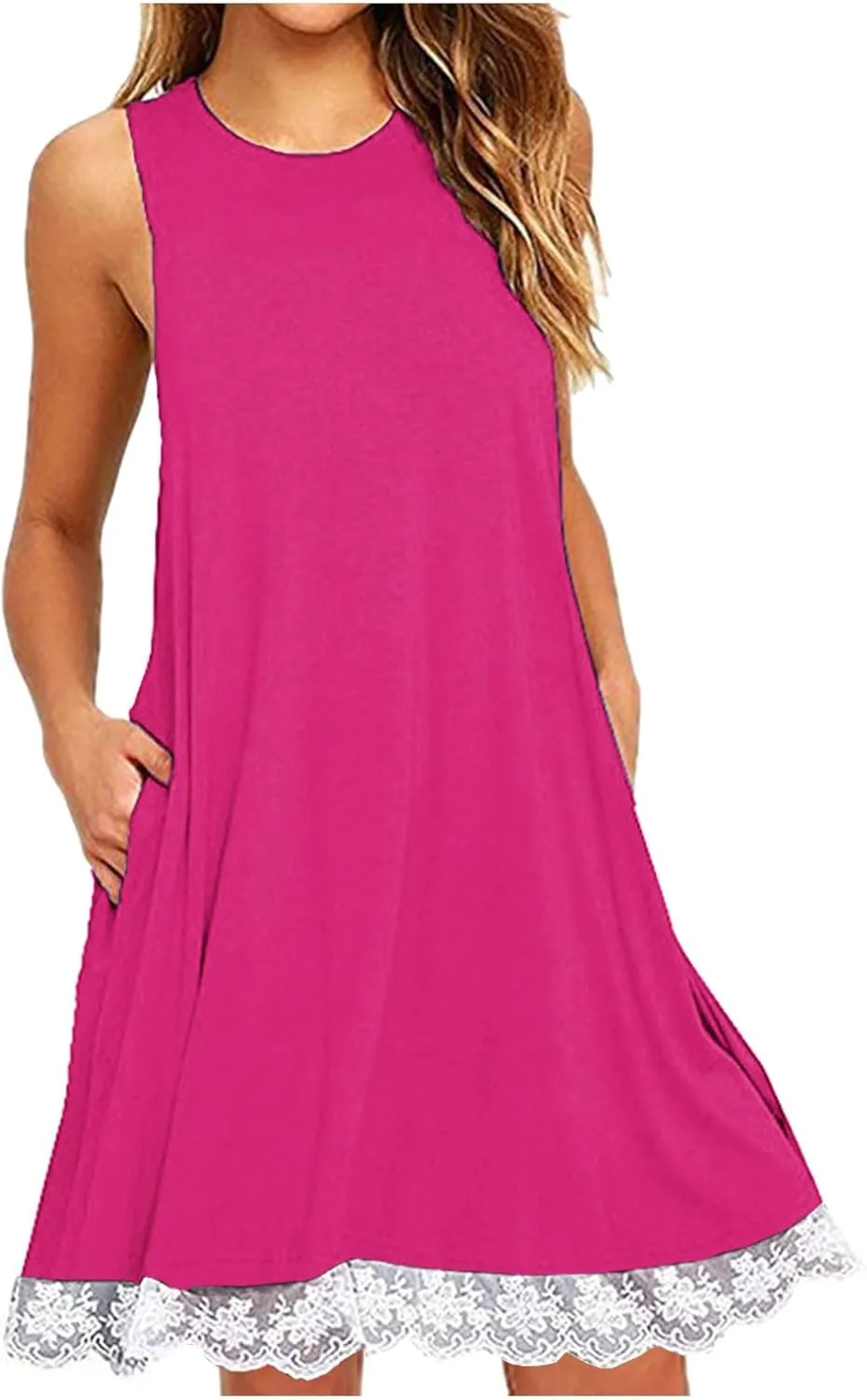 Womens Casual Sleeveless Sun Dress Simple Solid Color Beach Dress Trendy Loose Fit Dresses with Pockets