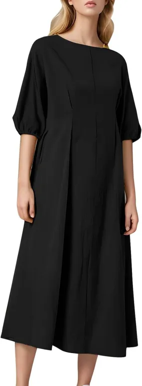 Womens Cotton Linen Dress Summer Spring Crew Neck Midi Straight Dress Half Sleeve Solid Loose Shift T-Shirt Dress