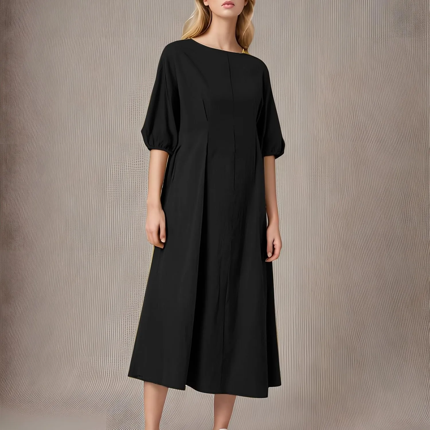 Womens Cotton Linen Dress Summer Spring Crew Neck Midi Straight Dress Half Sleeve Solid Loose Shift T-Shirt Dress