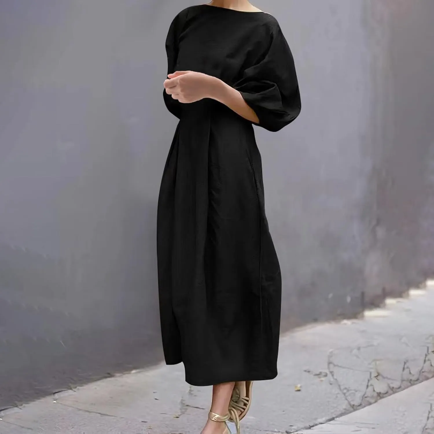 Womens Cotton Linen Dress Summer Spring Crew Neck Midi Straight Dress Half Sleeve Solid Loose Shift T-Shirt Dress