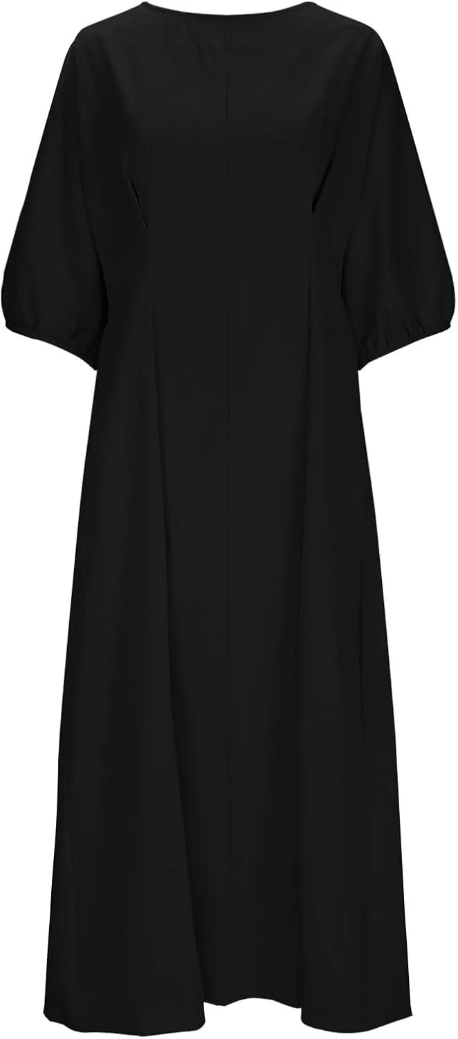 Womens Cotton Linen Dress Summer Spring Crew Neck Midi Straight Dress Half Sleeve Solid Loose Shift T-Shirt Dress