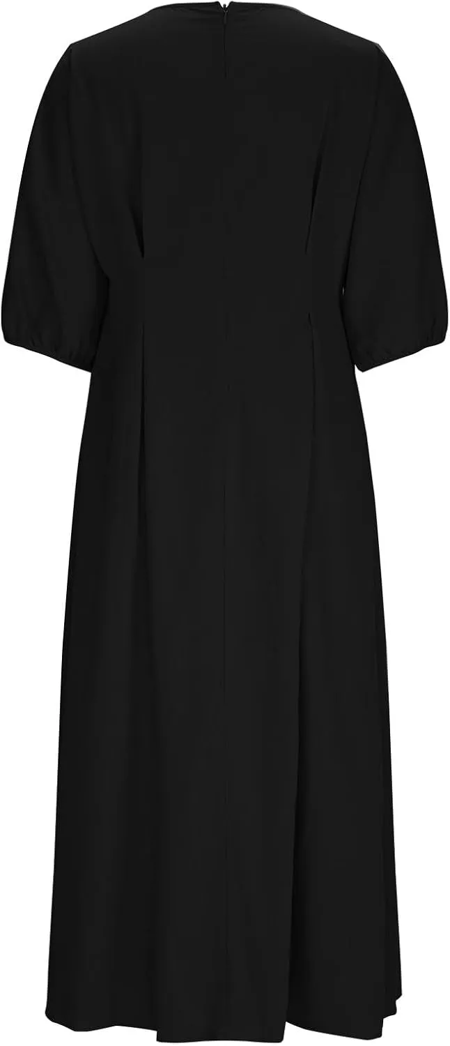 Womens Cotton Linen Dress Summer Spring Crew Neck Midi Straight Dress Half Sleeve Solid Loose Shift T-Shirt Dress