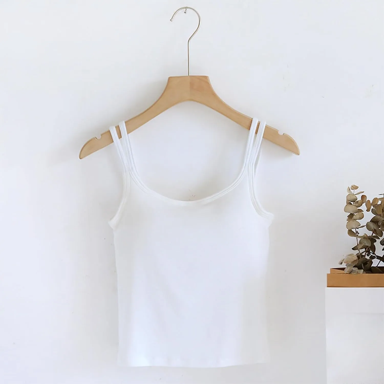 Womens Double Strap Cami Tops Padded Built in Bra Camisole Soft Slim Fit Stretchy Tank Lounge Basic Layer Wear