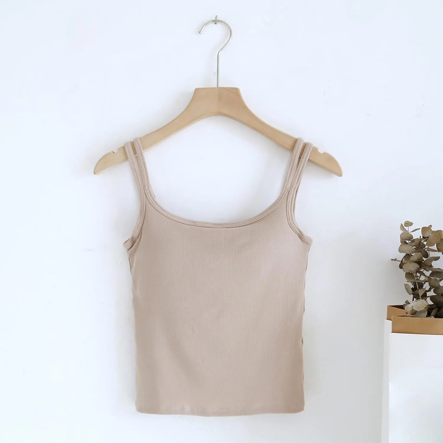 Womens Double Strap Cami Tops Padded Built in Bra Camisole Soft Slim Fit Stretchy Tank Lounge Basic Layer Wear
