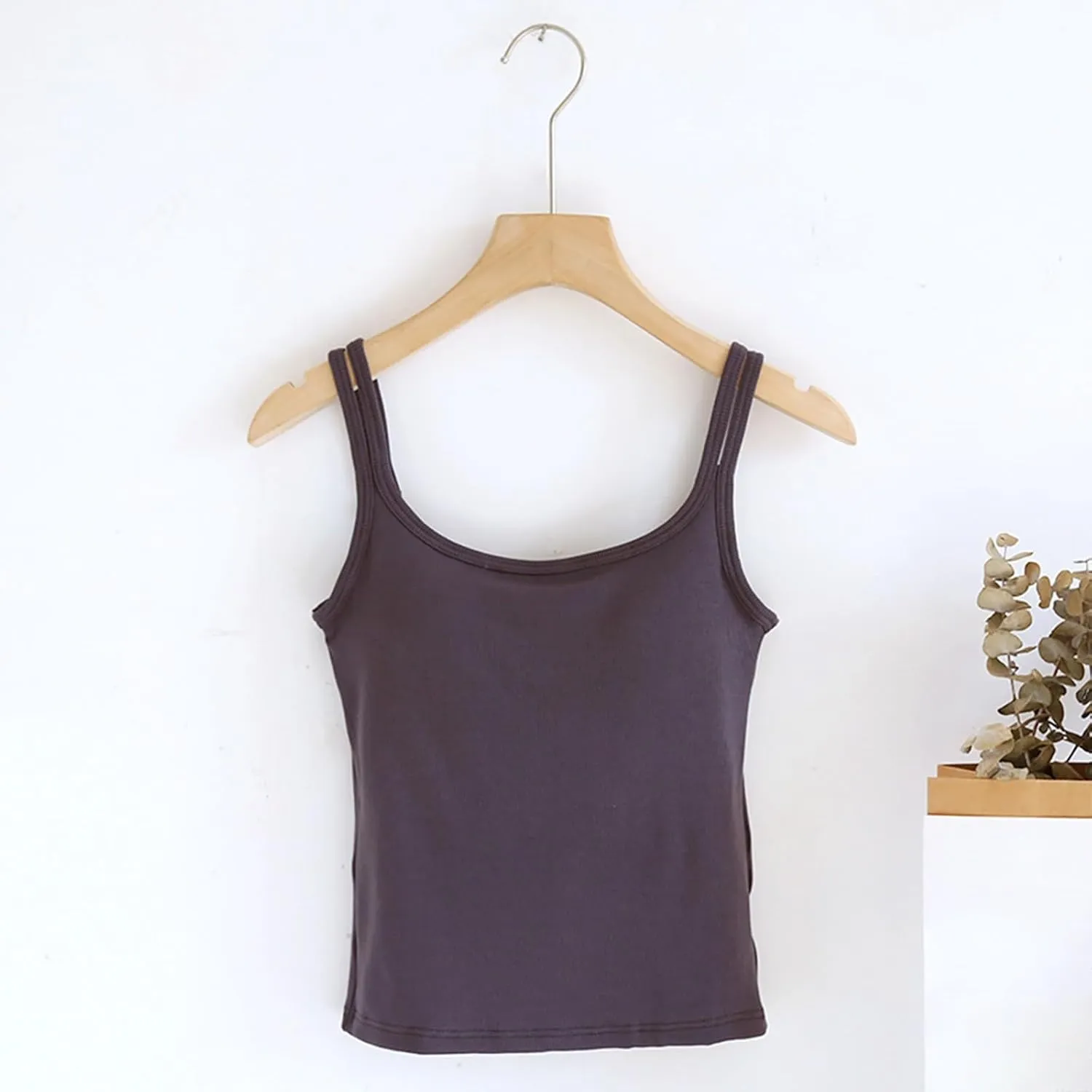 Womens Double Strap Cami Tops Padded Built in Bra Camisole Soft Slim Fit Stretchy Tank Lounge Basic Layer Wear