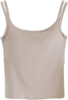 Womens Double Strap Cami Tops Padded Built in Bra Camisole Soft Slim Fit Stretchy Tank Lounge Basic Layer Wear