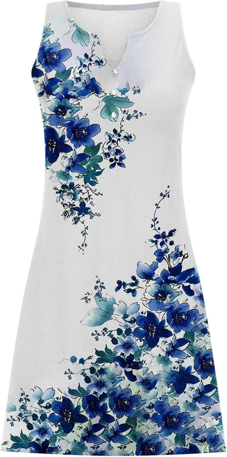 Womens Floral Short Sun Dress Sleeveless Beach Vacation Sundresses Trendy Casual Dresses Boho Clothing 2025
