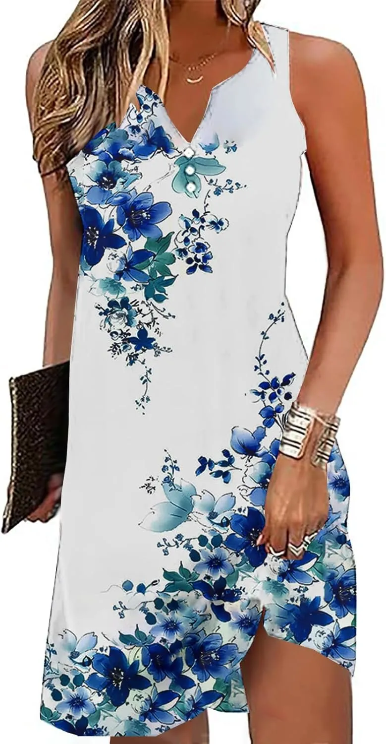 Womens Floral Short Sun Dress Sleeveless Beach Vacation Sundresses Trendy Casual Dresses Boho Clothing 2025
