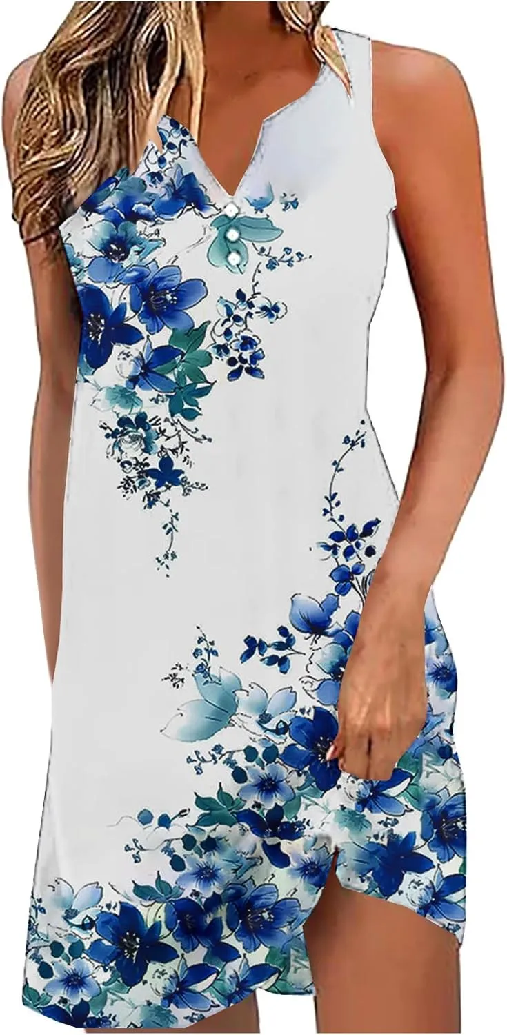 Womens Floral Short Sun Dress Sleeveless Beach Vacation Sundresses Trendy Casual Dresses Boho Clothing 2025