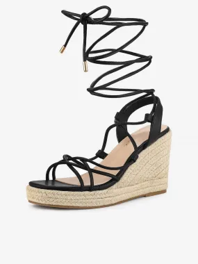 Women's Lace Up Platform Square Heel Espadrilles Wedge Sandals
