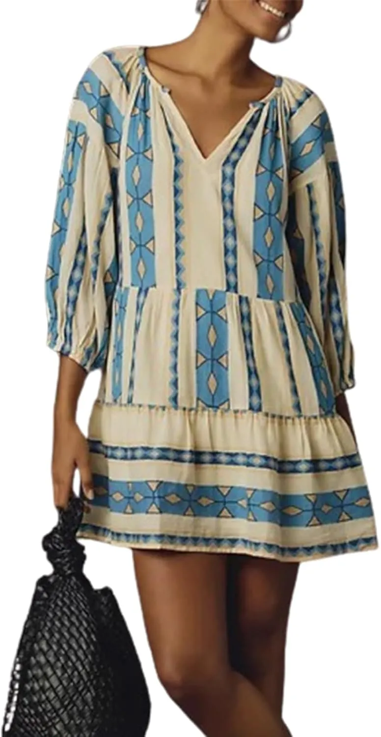 Womens Long Puffle Sleeve V Neck Tunic Dress Loose Flowy Shift Mini Dress Boho Shirt Dress Fall Party Ruffle Dress