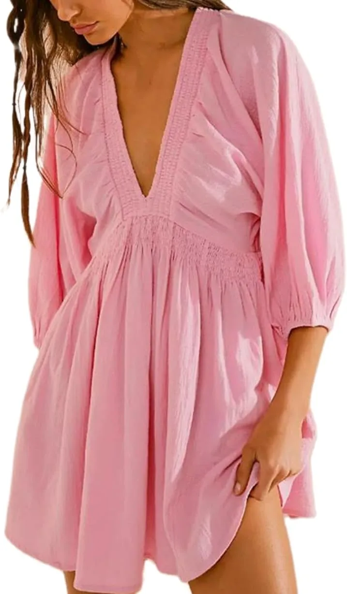 Womens Long Puffle Sleeve V Neck Tunic Dress Loose Flowy Shift Mini Dress Boho Shirt Dress Fall Party Ruffle Dress