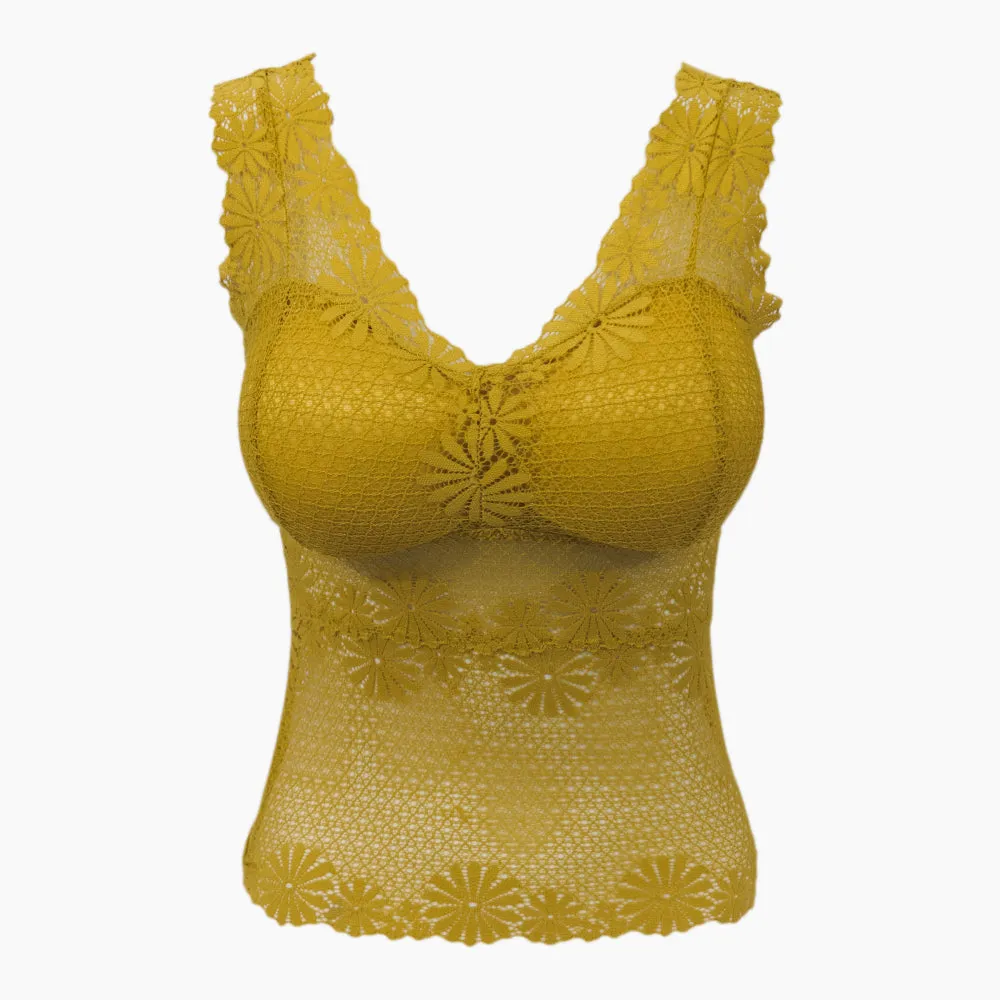Women's Padded Lace Camisole with Thick Straps - Yellow
