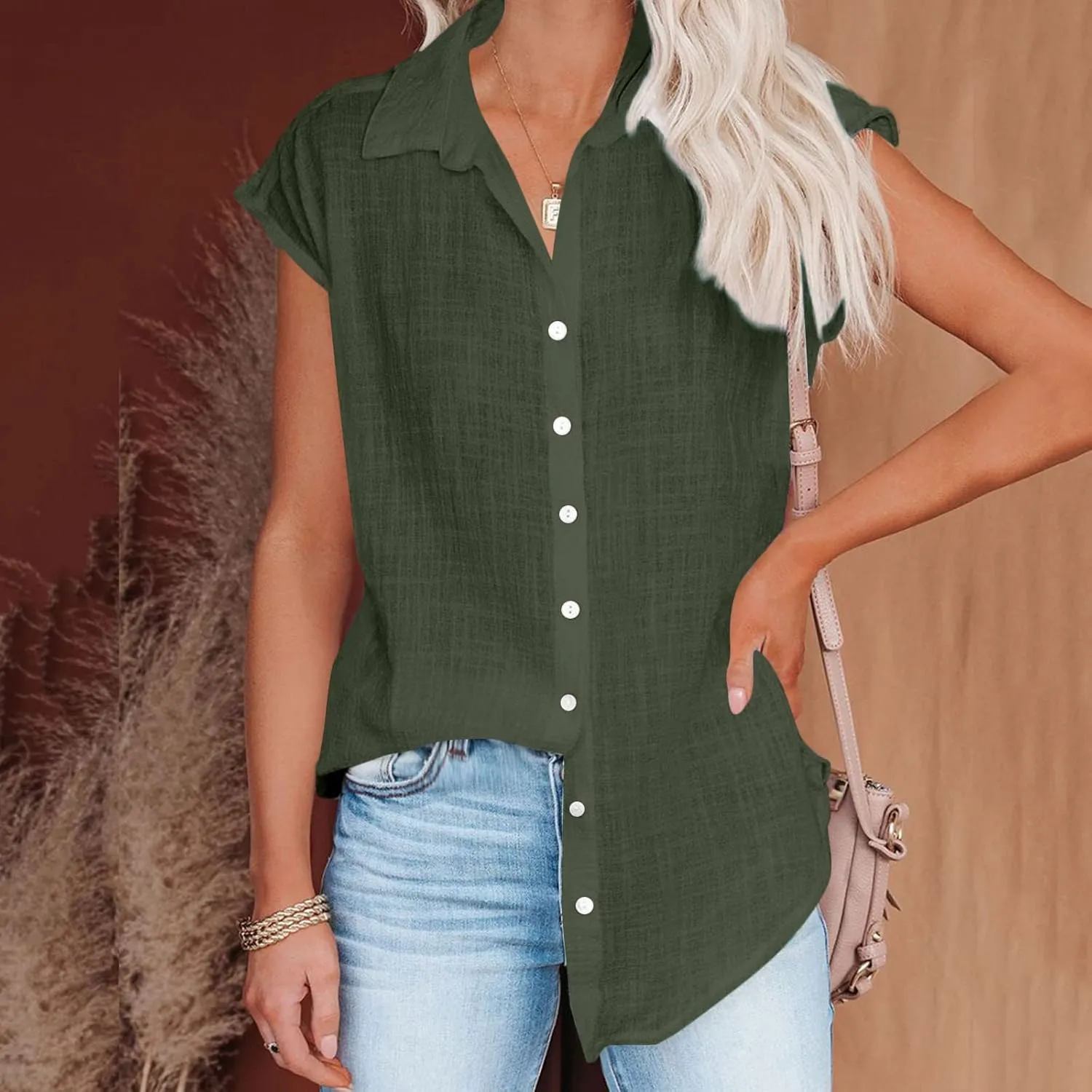 Womens Shirts Cap Sleeve Cotton Linen Fashion Button Up Blouses Top Solid Color Loose Soft Business Work 2025 T-Shirt