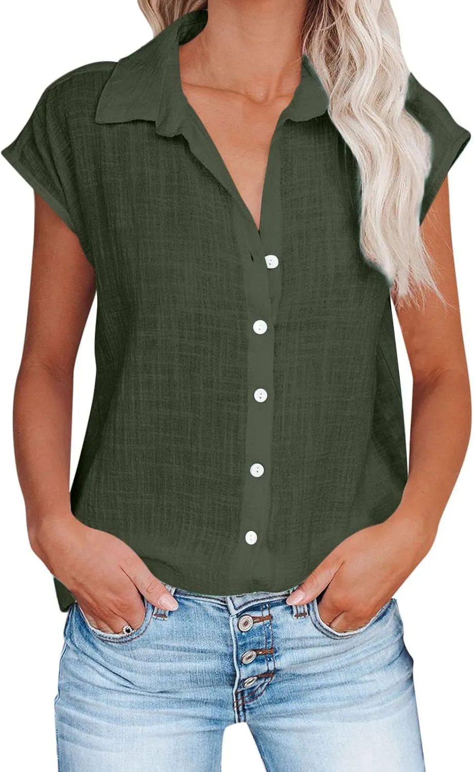 Womens Shirts Cap Sleeve Cotton Linen Fashion Button Up Blouses Top Solid Color Loose Soft Business Work 2025 T-Shirt