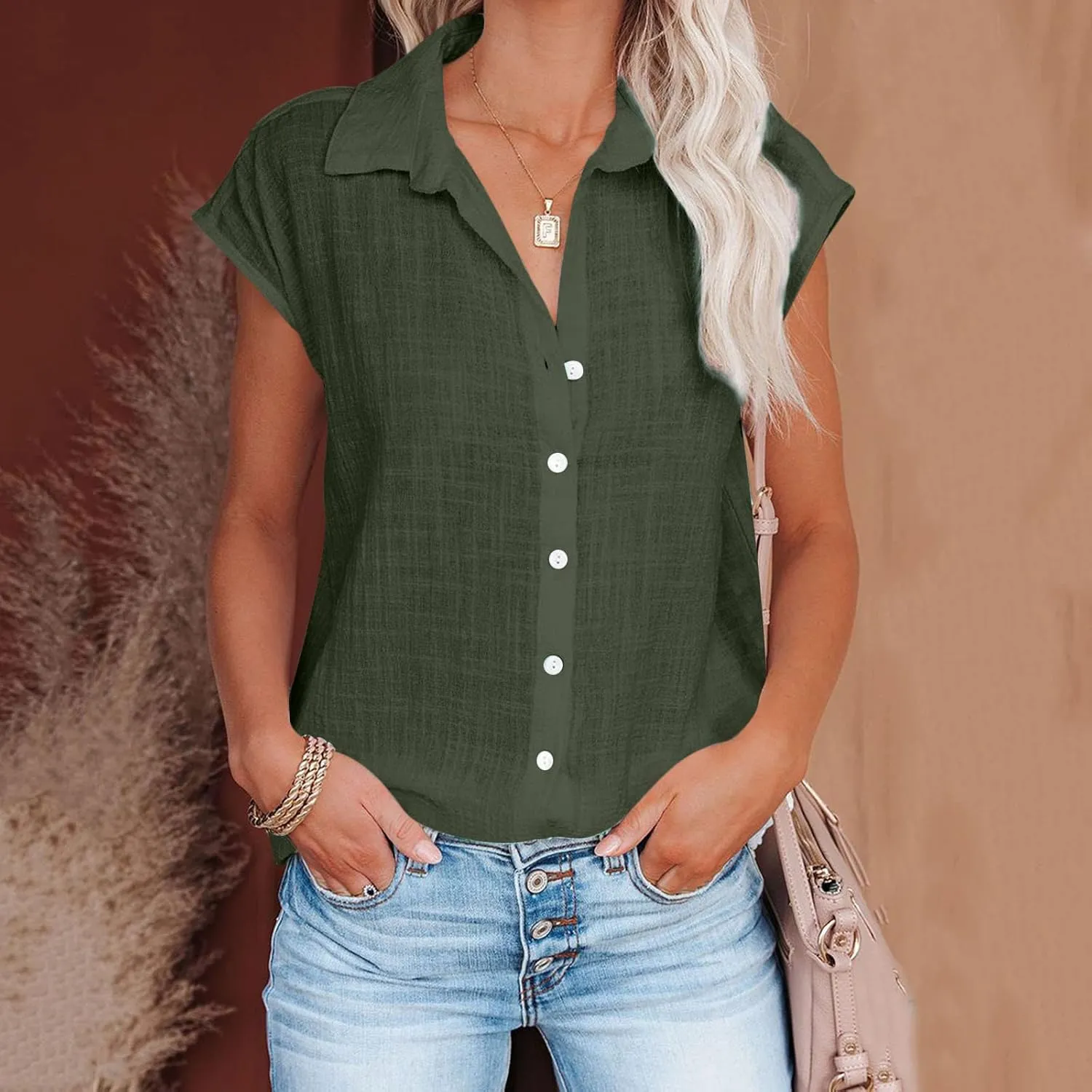 Womens Shirts Cap Sleeve Cotton Linen Fashion Button Up Blouses Top Solid Color Loose Soft Business Work 2025 T-Shirt