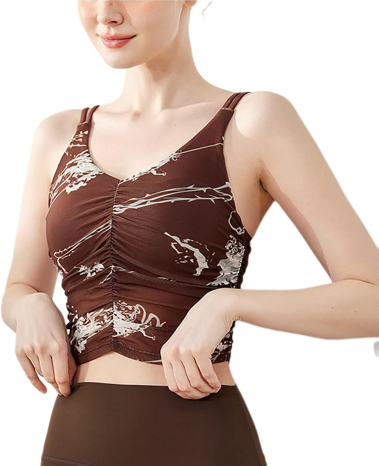 Women's Sports Yoga Crop Camisole Tops, Fashion Spaghetti Strap Ruched V-Neck Workout Shirts Beauty Back Slim Clothes