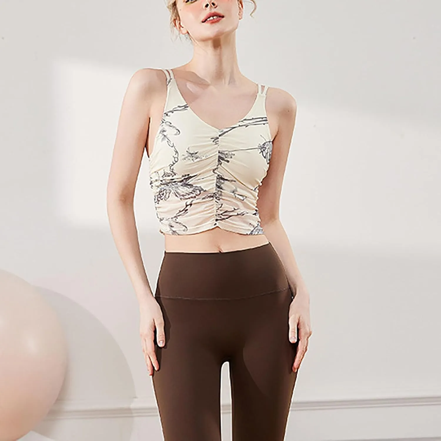 Women's Sports Yoga Crop Camisole Tops, Fashion Spaghetti Strap Ruched V-Neck Workout Shirts Beauty Back Slim Clothes