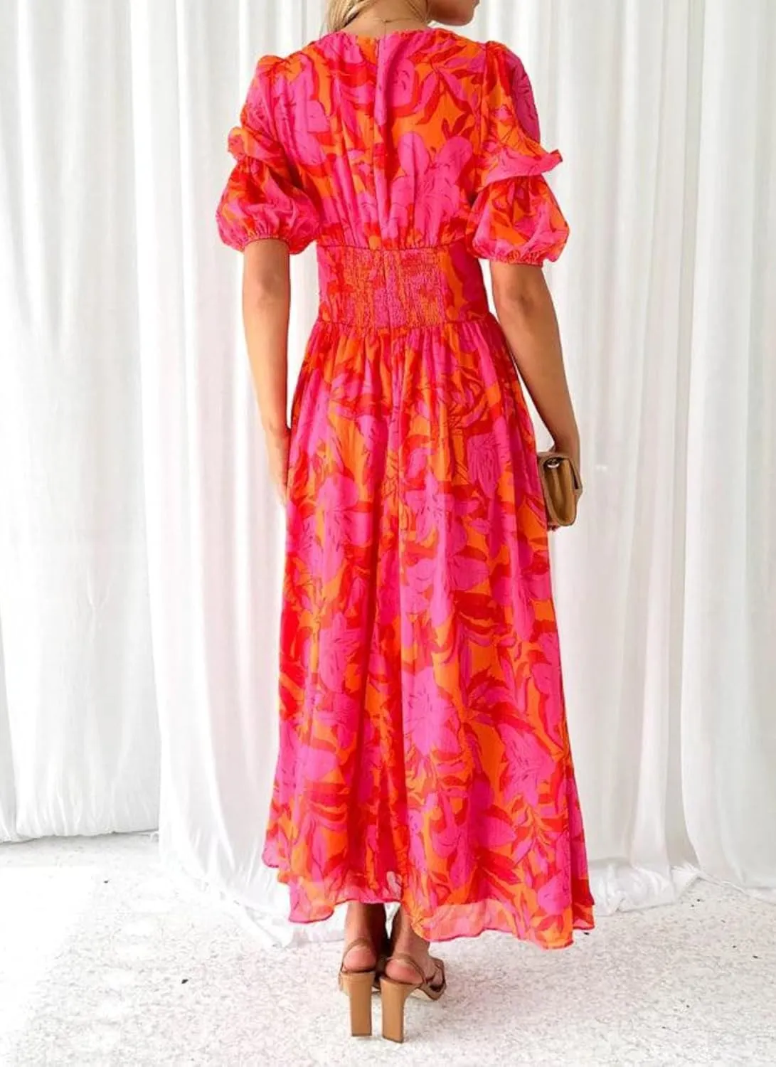 Women's Summer Dress Green Floral Print Slim Fit V-Neck Short Sleeve Flowy Beach Midi Dress S-XXL