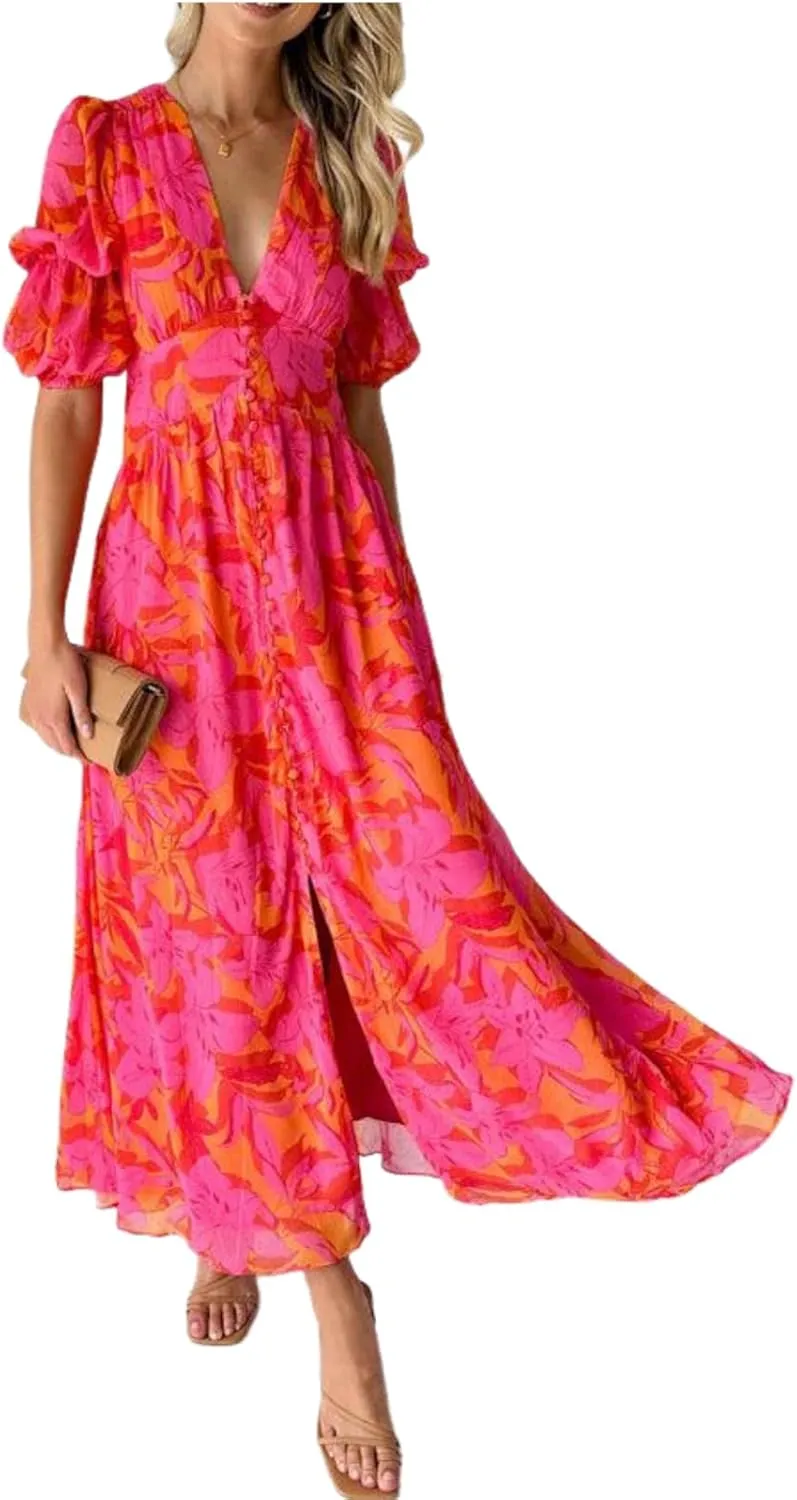 Women's Summer Dress Green Floral Print Slim Fit V-Neck Short Sleeve Flowy Beach Midi Dress S-XXL