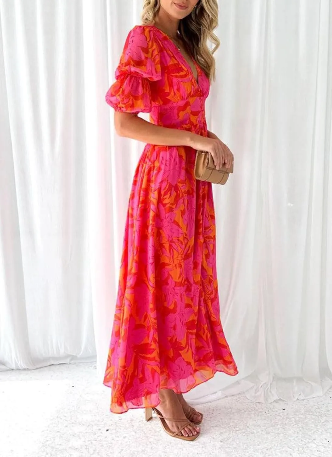 Women's Summer Dress Green Floral Print Slim Fit V-Neck Short Sleeve Flowy Beach Midi Dress S-XXL