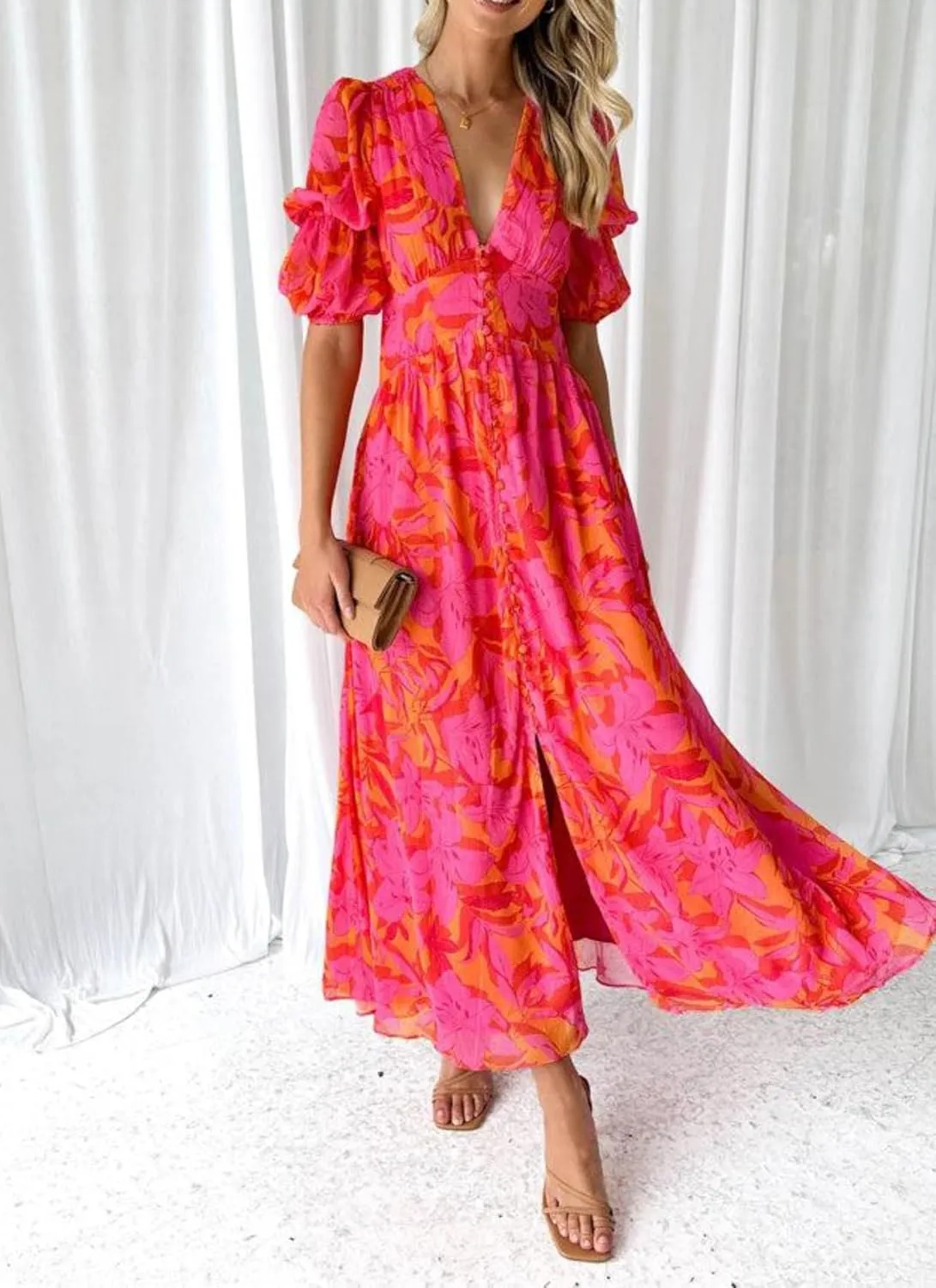 Women's Summer Dress Green Floral Print Slim Fit V-Neck Short Sleeve Flowy Beach Midi Dress S-XXL