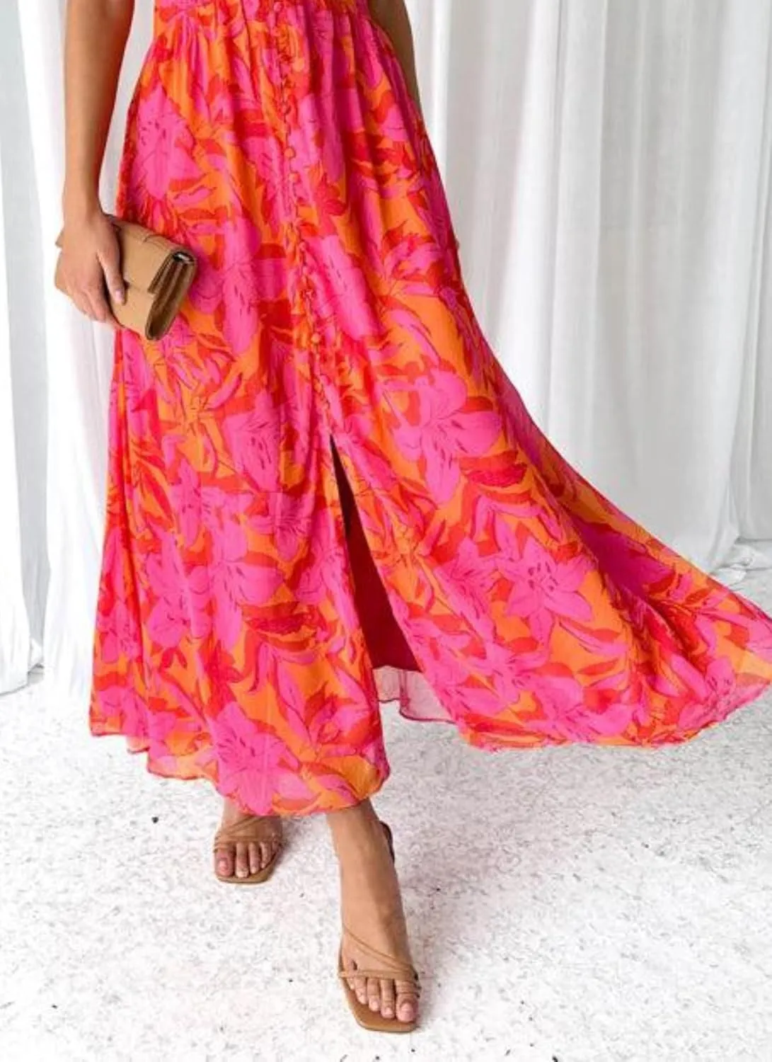 Women's Summer Dress Green Floral Print Slim Fit V-Neck Short Sleeve Flowy Beach Midi Dress S-XXL