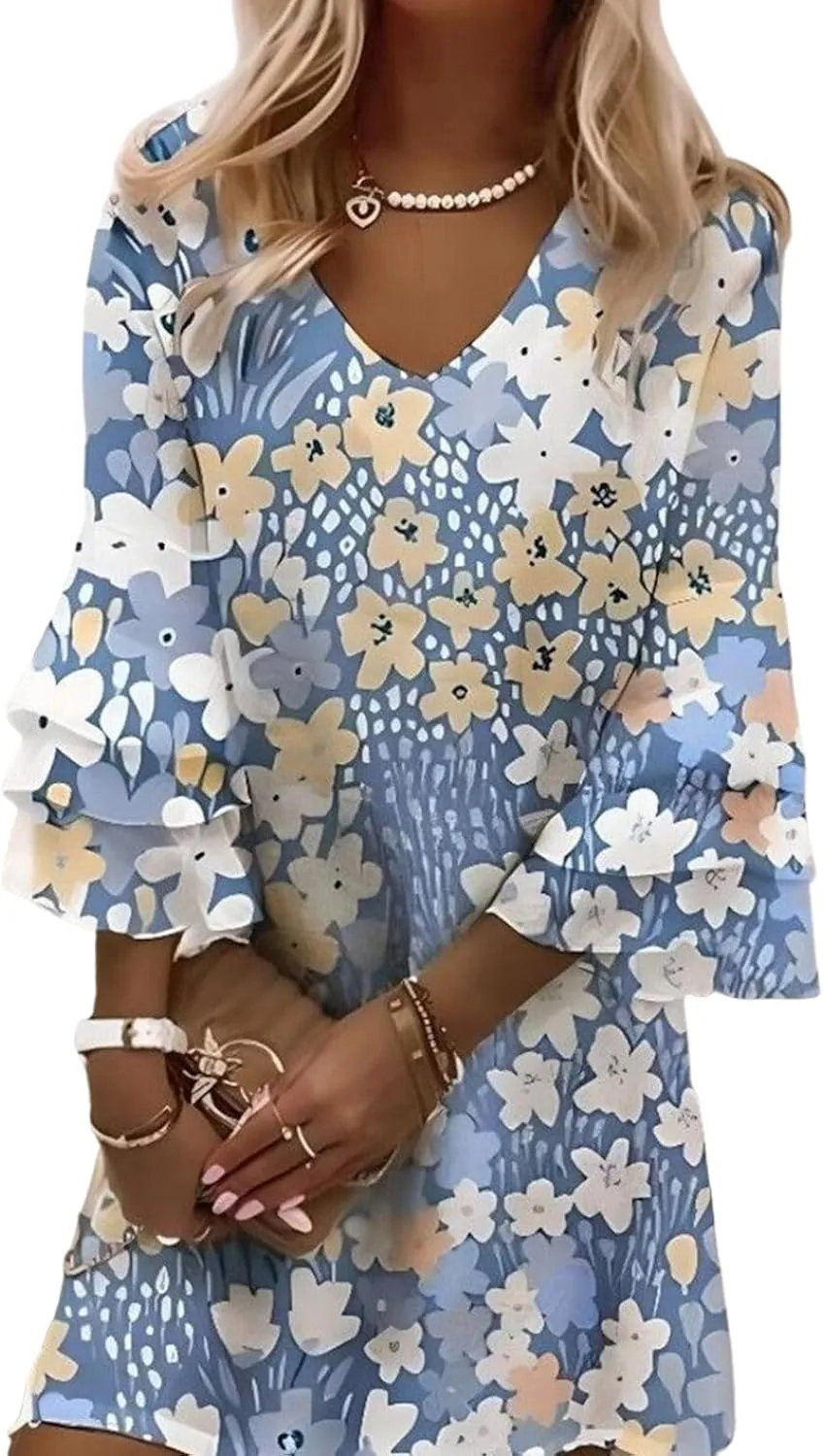Women's Summer Dress Loose fit V-Neck Blue Floral Print 3/4 Sleeve Casual Beach Mini Dress (S-XXL)