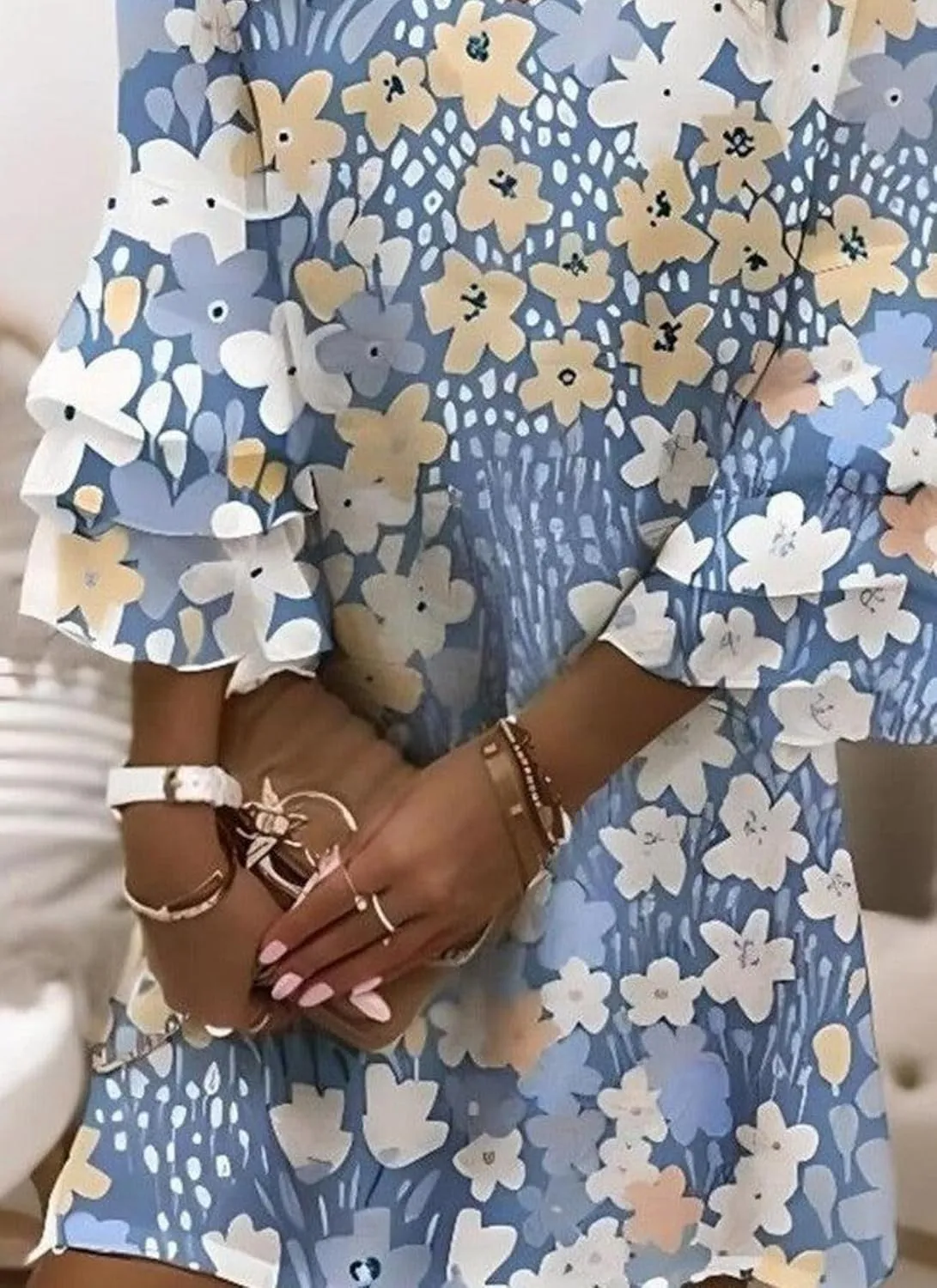 Women's Summer Dress Loose fit V-Neck Blue Floral Print 3/4 Sleeve Casual Beach Mini Dress (S-XXL)